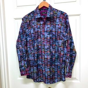 Franco Negretti Montreal button down shirt, bold pattern, blue, orange, pink, L